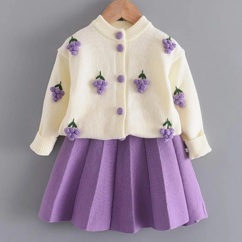 Spring Autumn Girls Grape Pom Pom Longsleeve Cardigan & Pleated Knit Skirt 2Pcs.